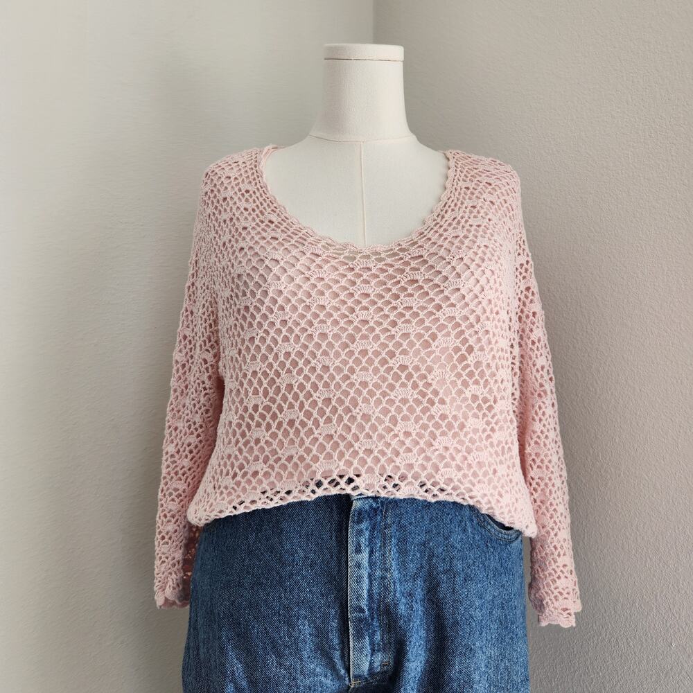 Vintage Y2K Croft & Barrow Pink Crochet Knit Boho Chic 3/4 Sleeve Top L